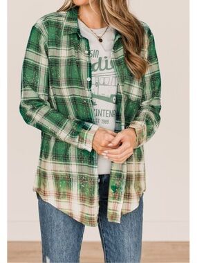 Southern Bliss Bleached Button Up Plaid Flannel Top
